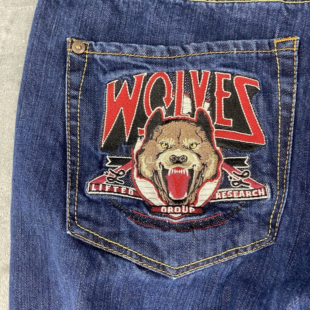 Vtg Lifted Research Group Jeans Mens 36x30.5 Blue Wolf Embroidered Y2K Baggy LRG - Picture 3 of 16